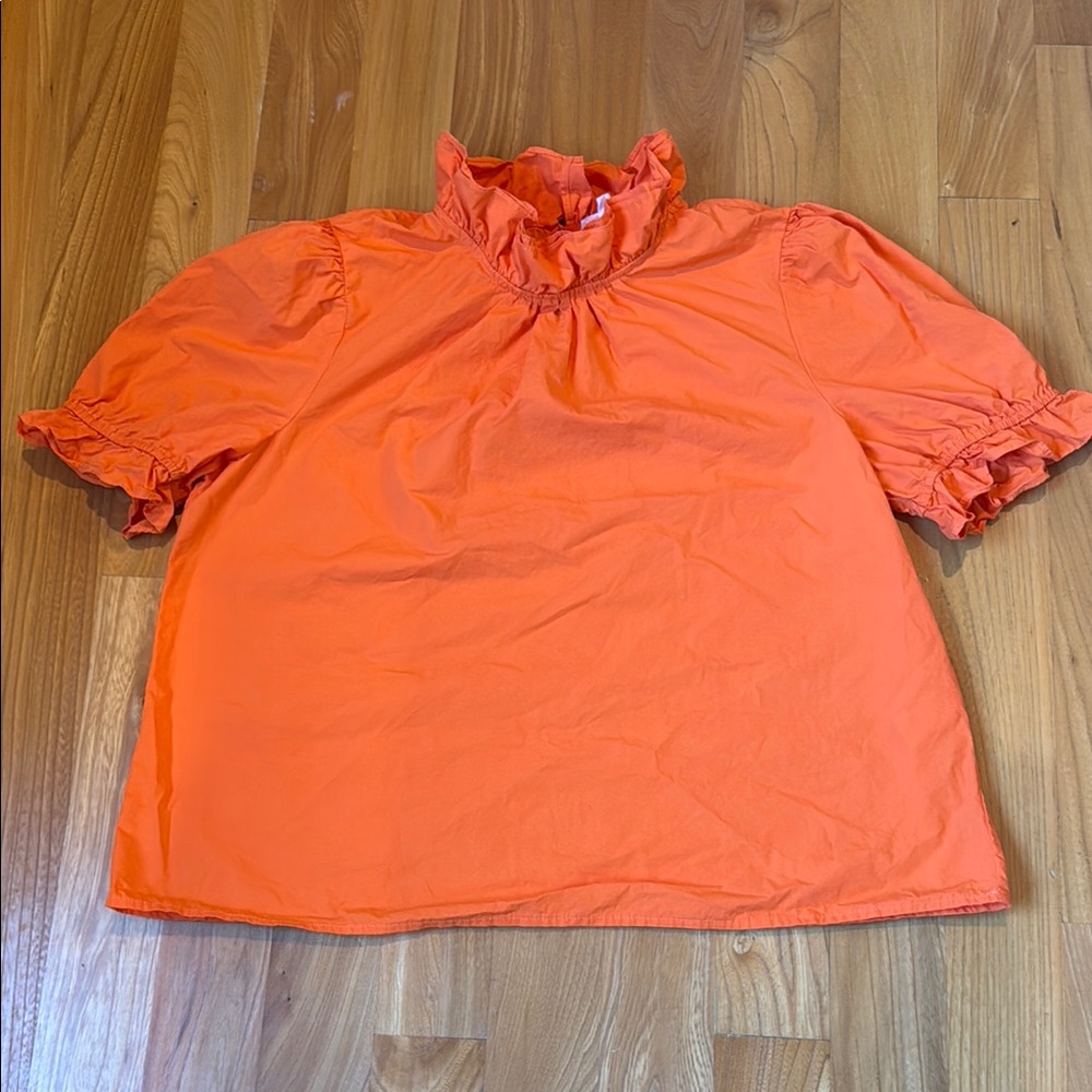 THML Orange Puff Sleeve Blouse with Ruffled Neckline and Sleeves